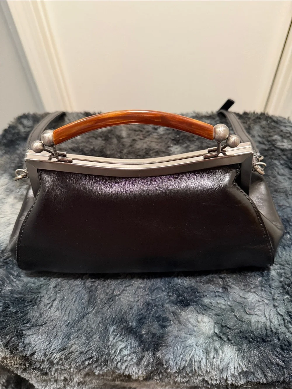 Patricia Nash Black  Leather Frame Satchel with Amber Handle